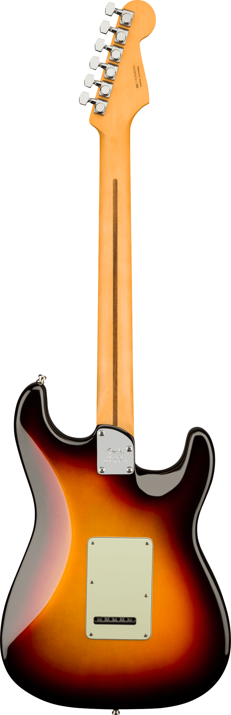 Back of Fender American Ultra Stratocaster Left Hand RW Ultraburst.