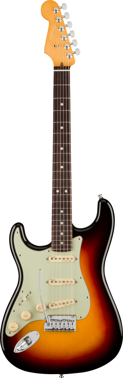 Full frontal of Fender American Ultra Stratocaster Left Hand RW Ultraburst.