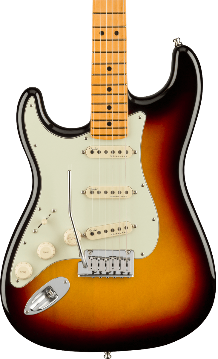 Front of Fender American Ultra Stratocaster Left Hand MP Ultraburst.