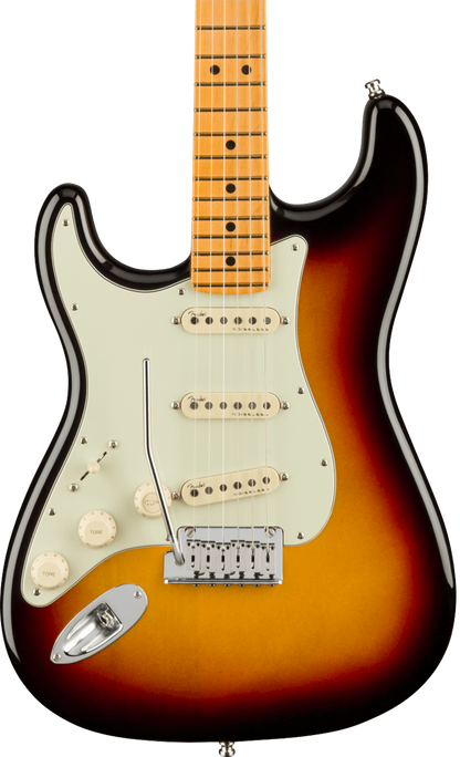 Front of Fender American Ultra Stratocaster Left Hand MP Ultraburst.