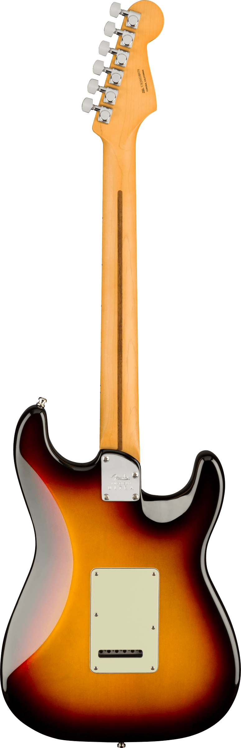 Back of Fender American Ultra Stratocaster Left Hand MP Ultraburst.