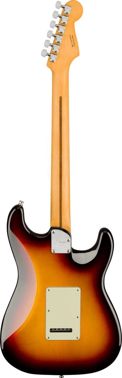Back of Fender American Ultra Stratocaster Left Hand MP Ultraburst.