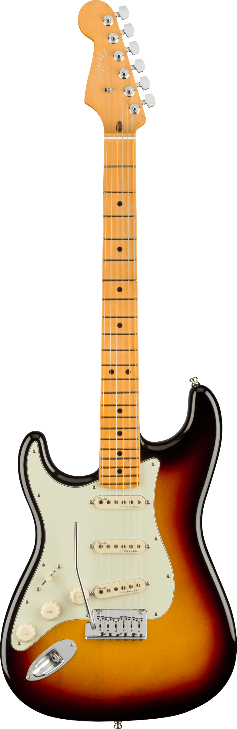 Full frontal of Fender American Ultra Stratocaster Left Hand MP Ultraburst.