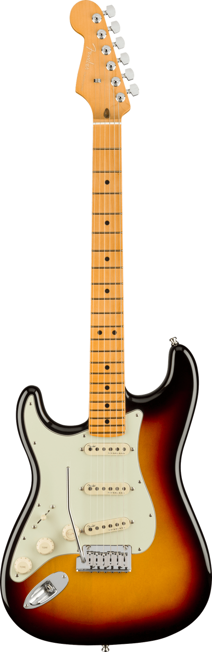 Full frontal of Fender American Ultra Stratocaster Left Hand MP Ultraburst.