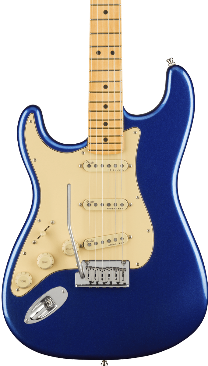 Front of Fender American Ultra Stratocaster Left Hand Maple Fingerboard Cobra Blue.