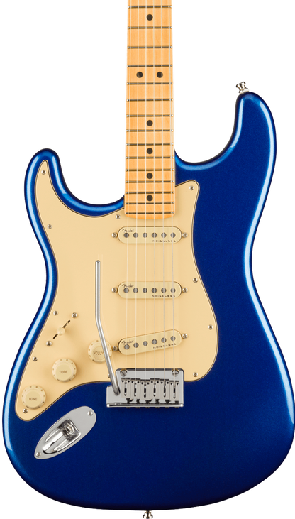 Front of Fender American Ultra Stratocaster Left Hand Maple Fingerboard Cobra Blue.