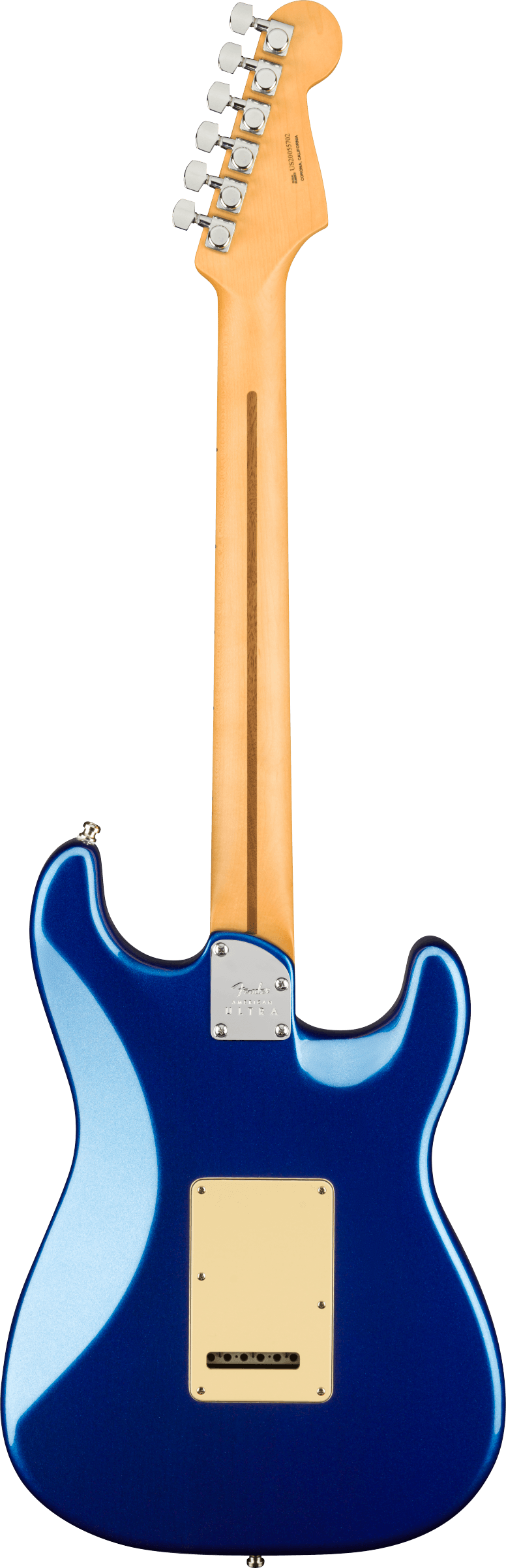 Back of Fender American Ultra Stratocaster Left Hand Maple Fingerboard Cobra Blue.