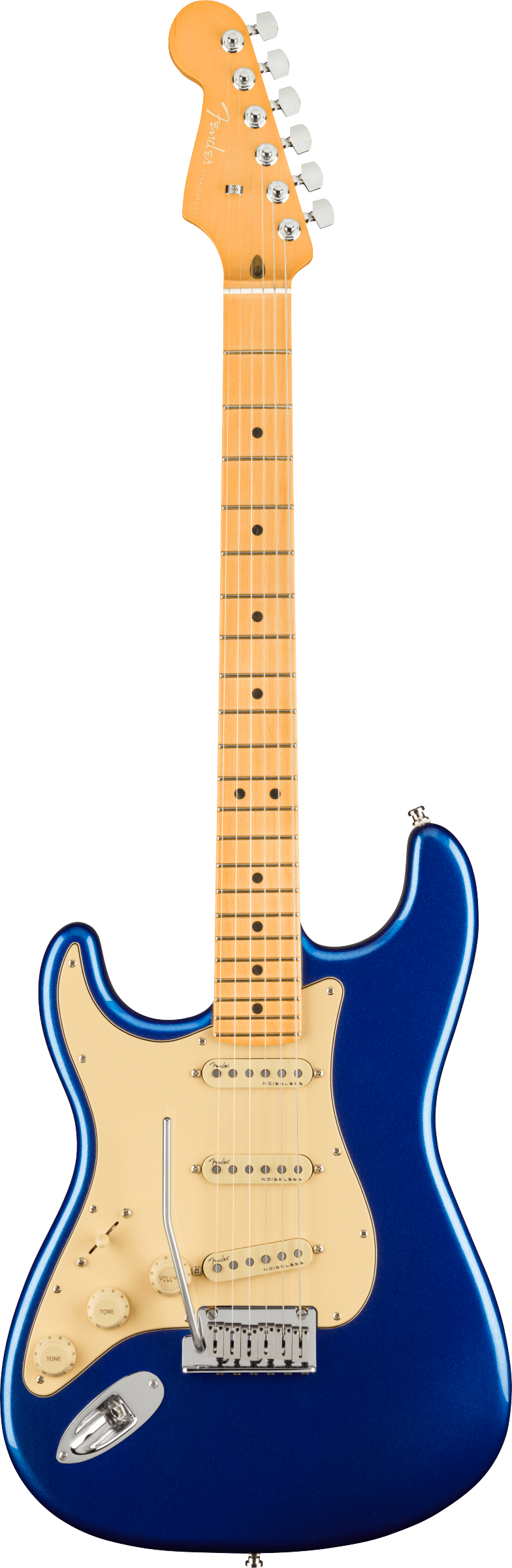 Full frontal of Fender American Ultra Stratocaster Left Hand Maple Fingerboard Cobra Blue.