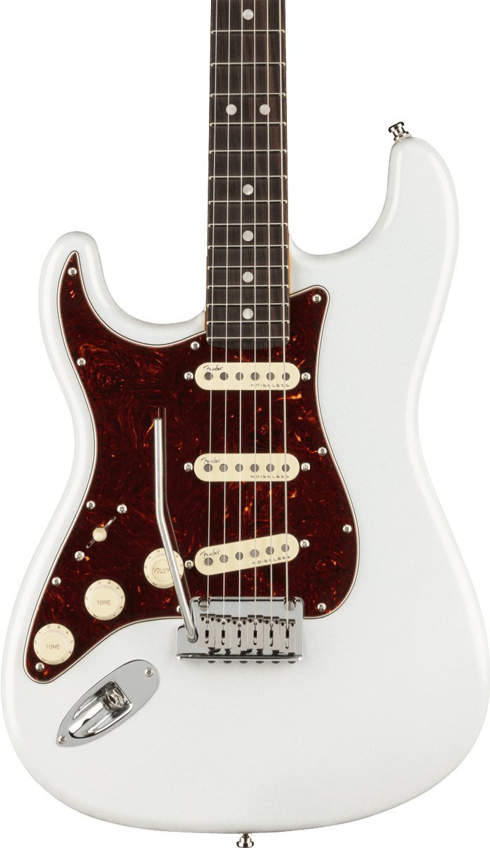 Front of Fender American Ultra Stratocaster Left Hand RW Arctic Pearl.