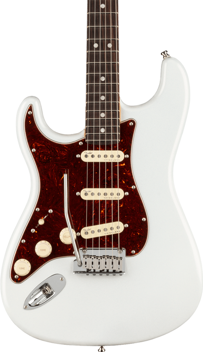 Front of Fender American Ultra Stratocaster Left Hand RW Arctic Pearl.