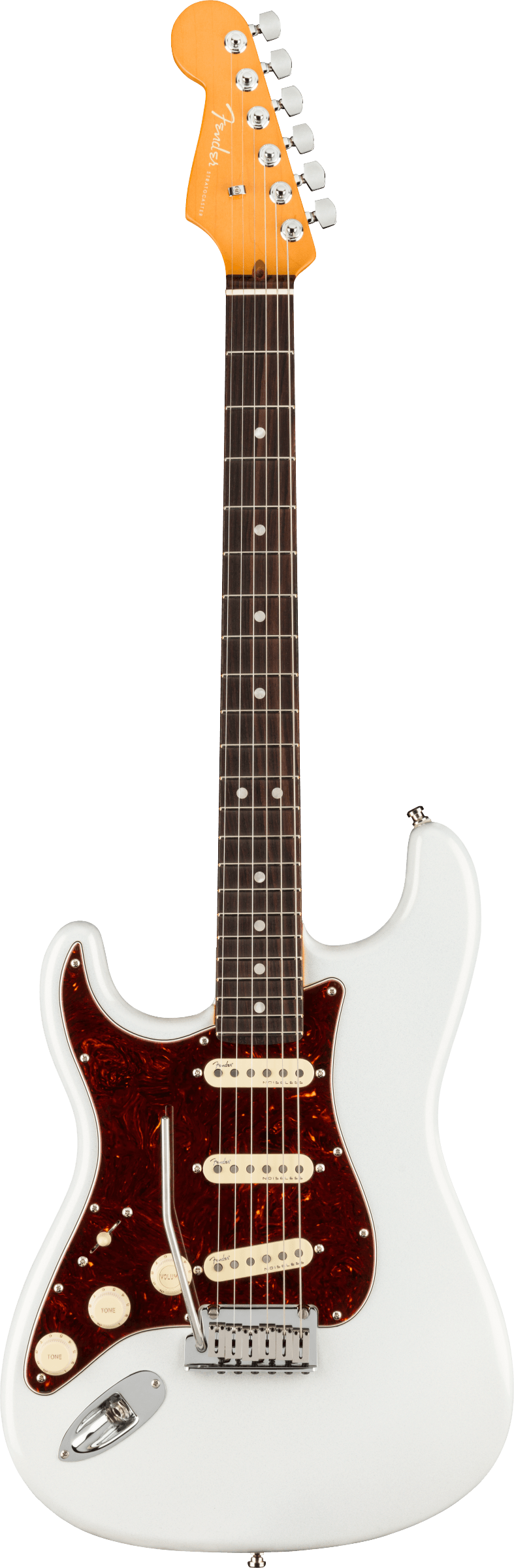 Full frontal of Fender American Ultra Stratocaster Left Hand RW Arctic Pearl.