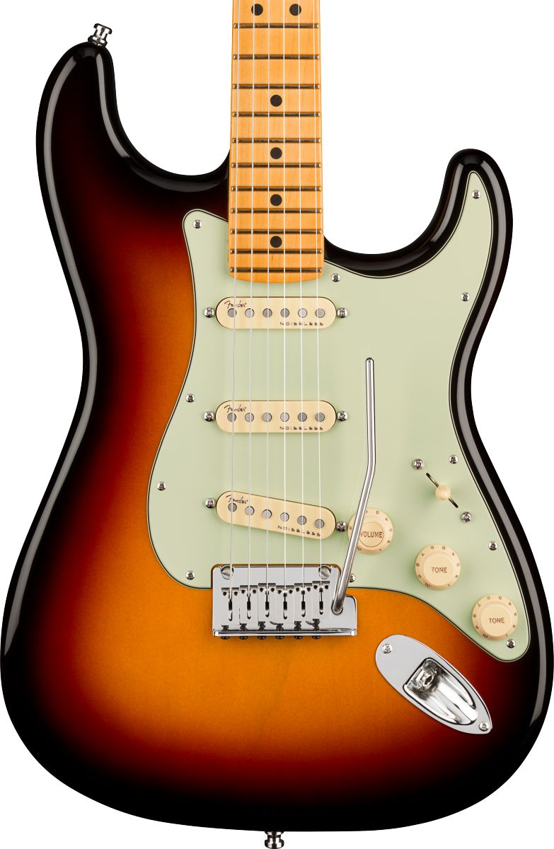Front of Fender American Ultra Stratocaster MP Ultraburst.