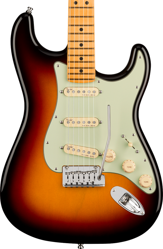 Front of Fender American Ultra Stratocaster MP Ultraburst.