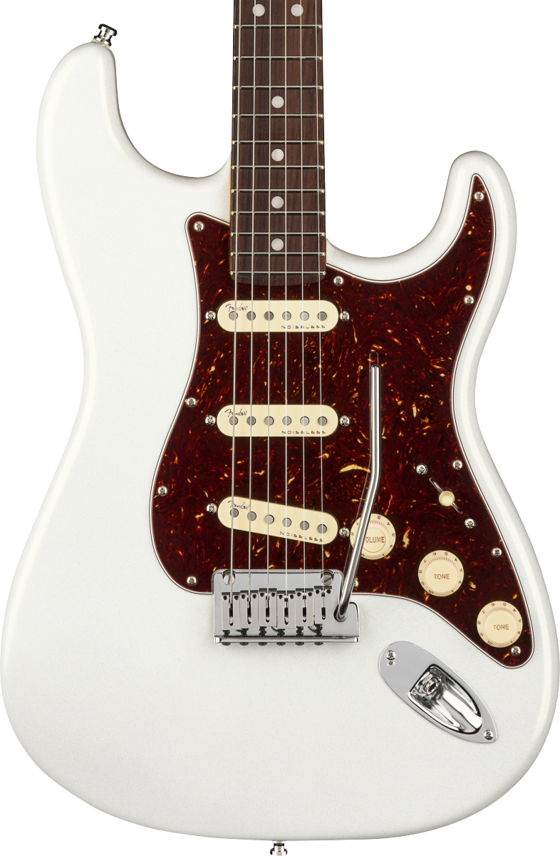 Front of Fender American Ultra Stratocaster RW Arctic Pearl.