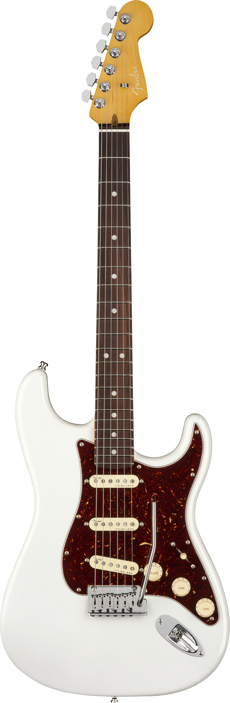 Full frontal of Fender American Ultra Stratocaster RW Arctic Pearl.