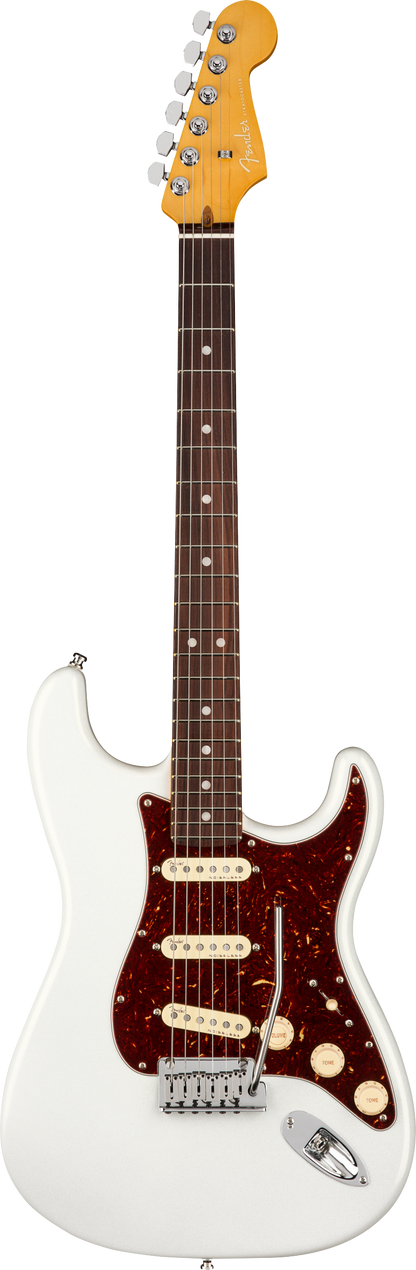 Full frontal of Fender American Ultra Stratocaster RW Arctic Pearl.