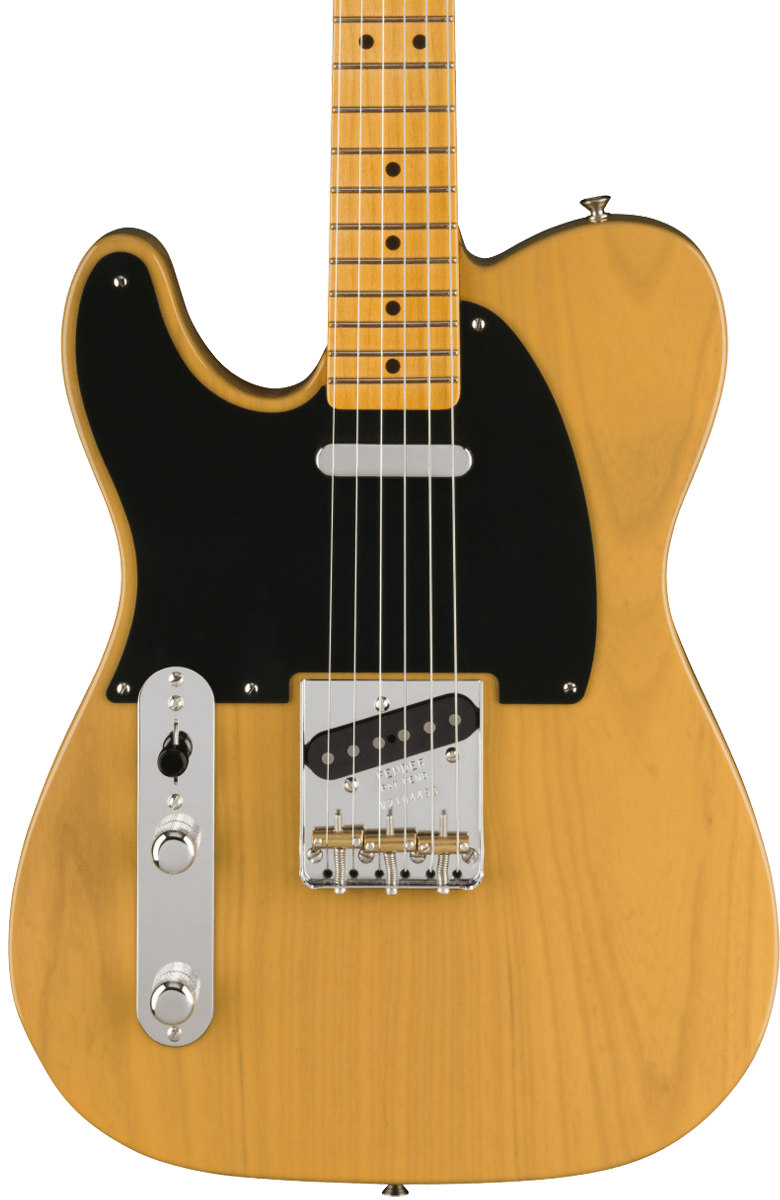 Front of Fender American Vintage II 1951 Telecaster Left Hand MP Butterscotch Blonde.