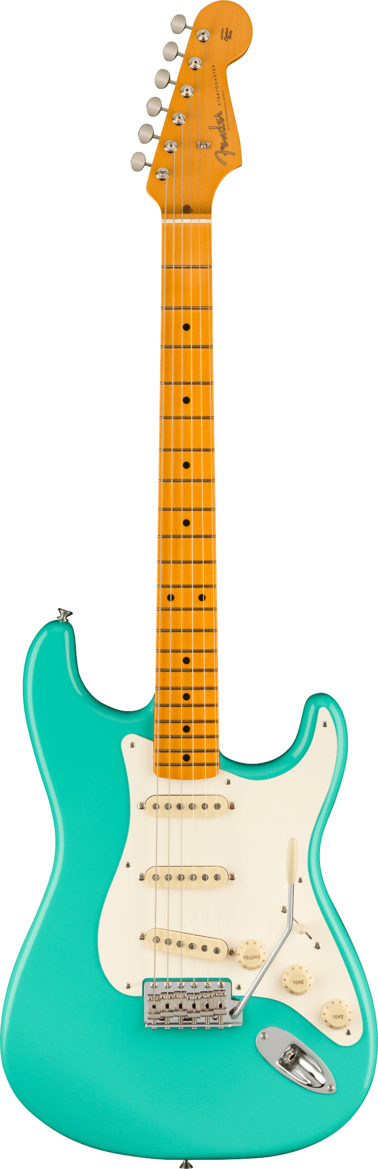 Full frontal of Fender American Vintage II 1957 Stratocaster MP Sea Foam Green.