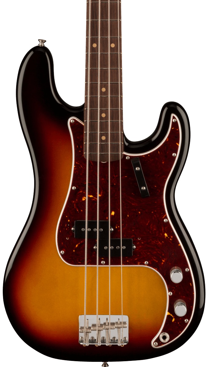 Front of Fender American Vintage II 1960 Precision Bass RW 3-Color Sunburst.
