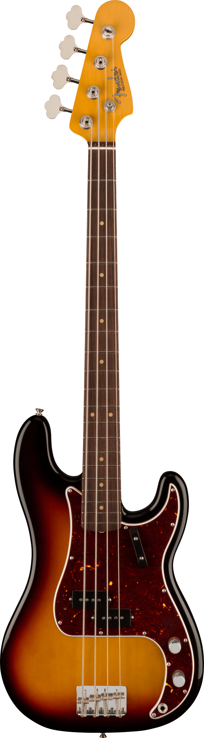 Full frontal of Fender American Vintage II 1960 Precision Bass RW 3-Color Sunburst.