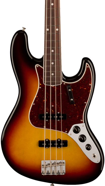 Front of Fender American Vintage II 1966 Jazz Bass RW 3-Color Sunburst.