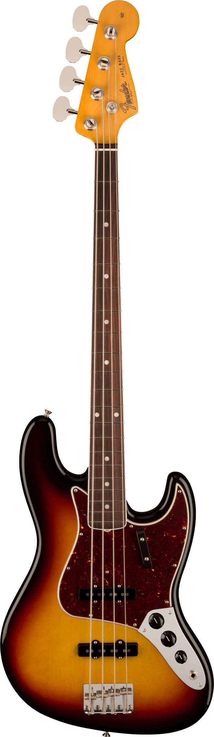 Full frontal of Fender American Vintage II 1966 Jazz Bass RW 3-Color Sunburst.
