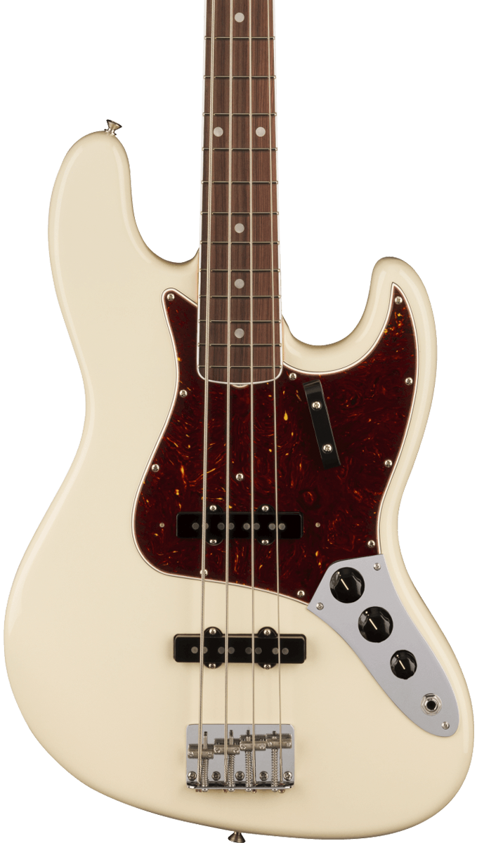 Front of Fender American Vintage II 1966 Jazz Bass RW Olympic White.