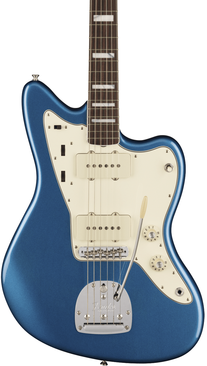 Front of Fender American Vintage II 1966 Jazzmaster RW Lake Placid Blue.
