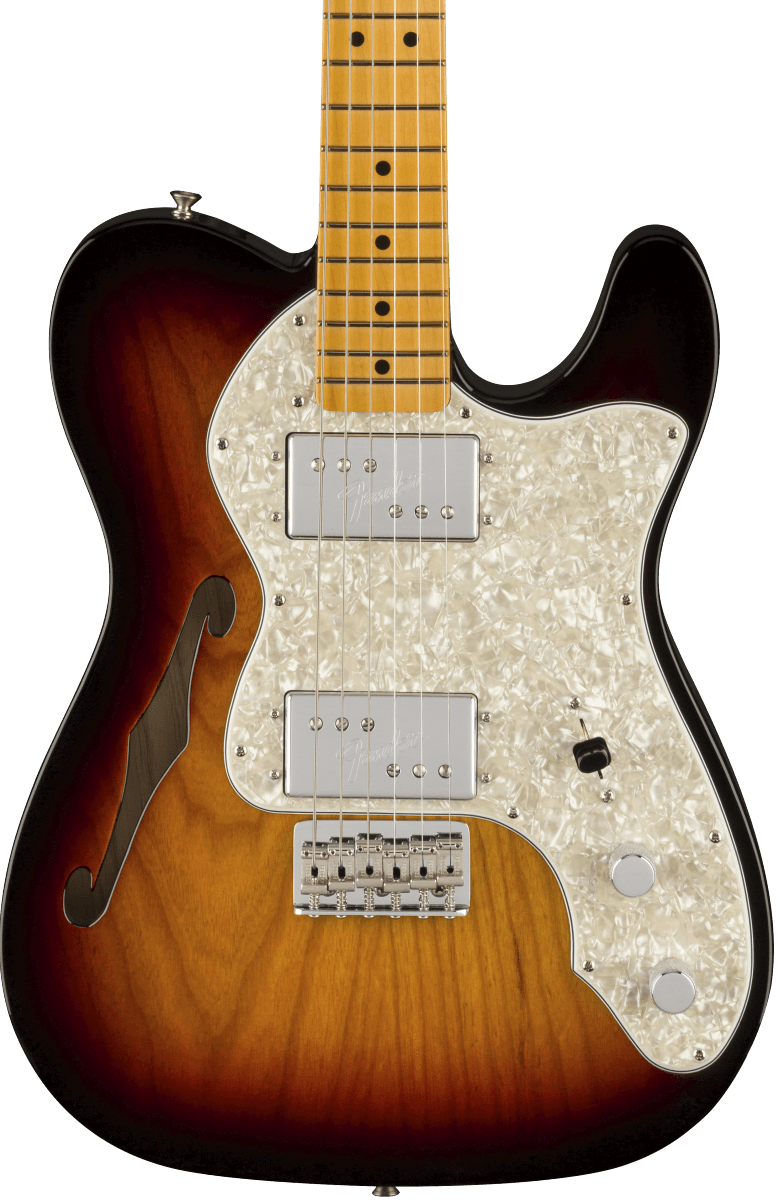 Front of Fender American Vintage II 1972 Telecaster Thinline MP 3-Color Sunburst.