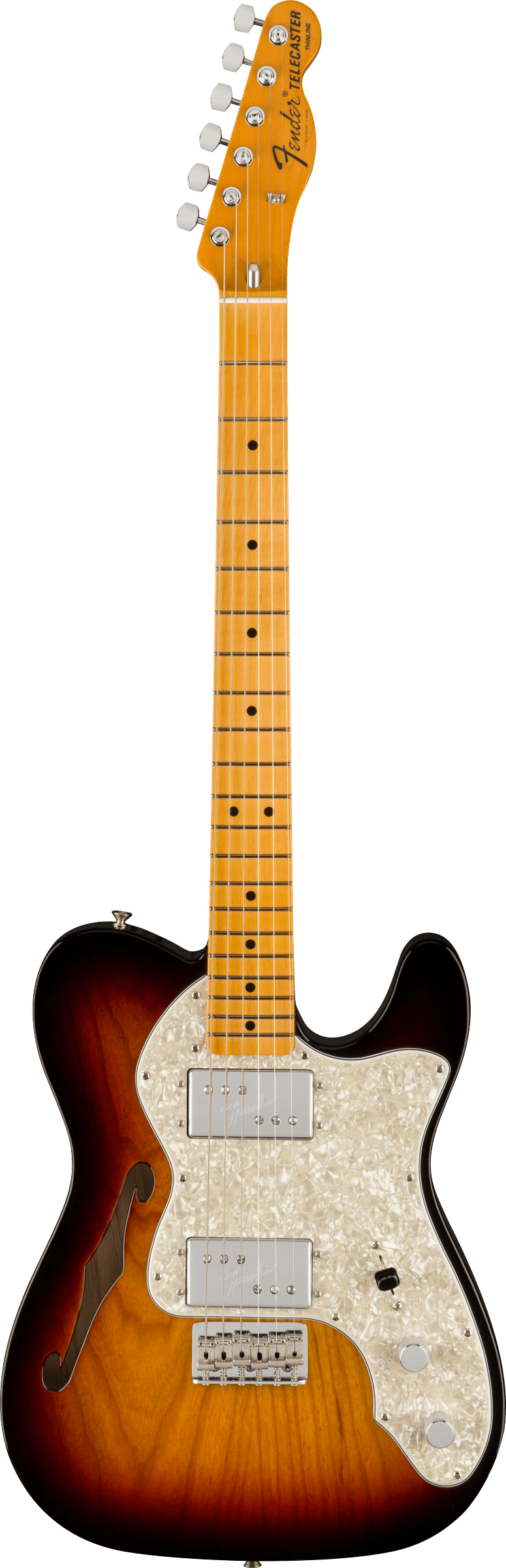 Full frontal of Fender American Vintage II 1972 Telecaster Thinline MP 3-Color Sunburst.