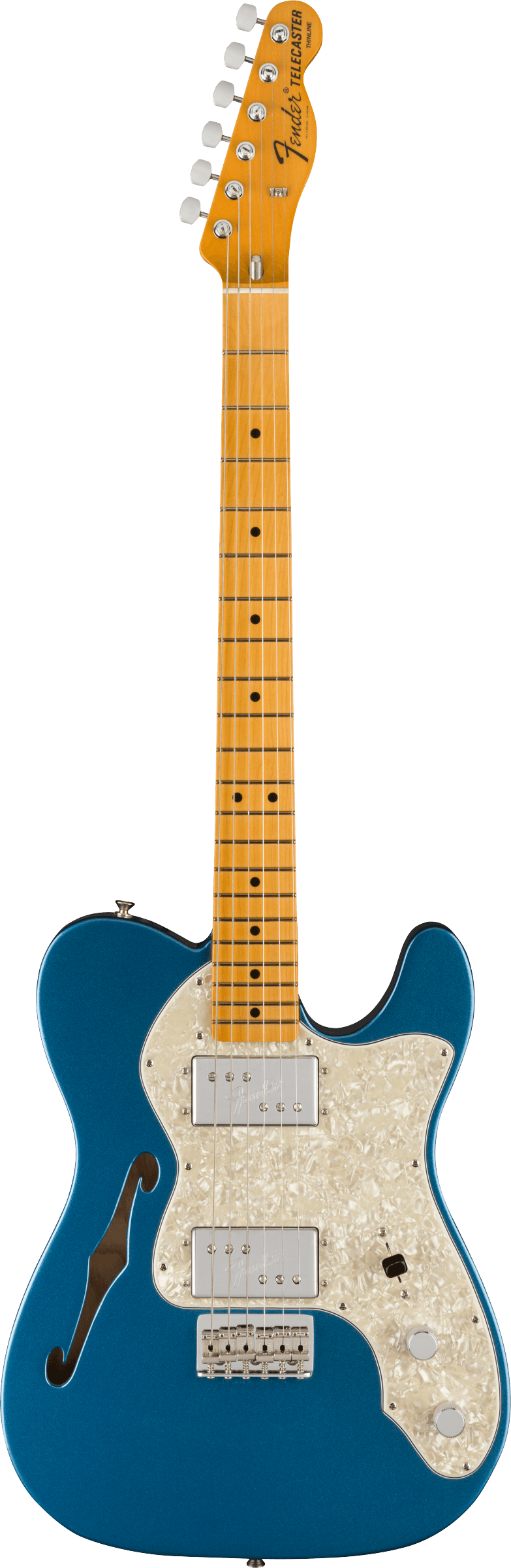 Full frontal of Fender American Vintage II 1972 Telecaster Thinline MP Lake Placid Blue.