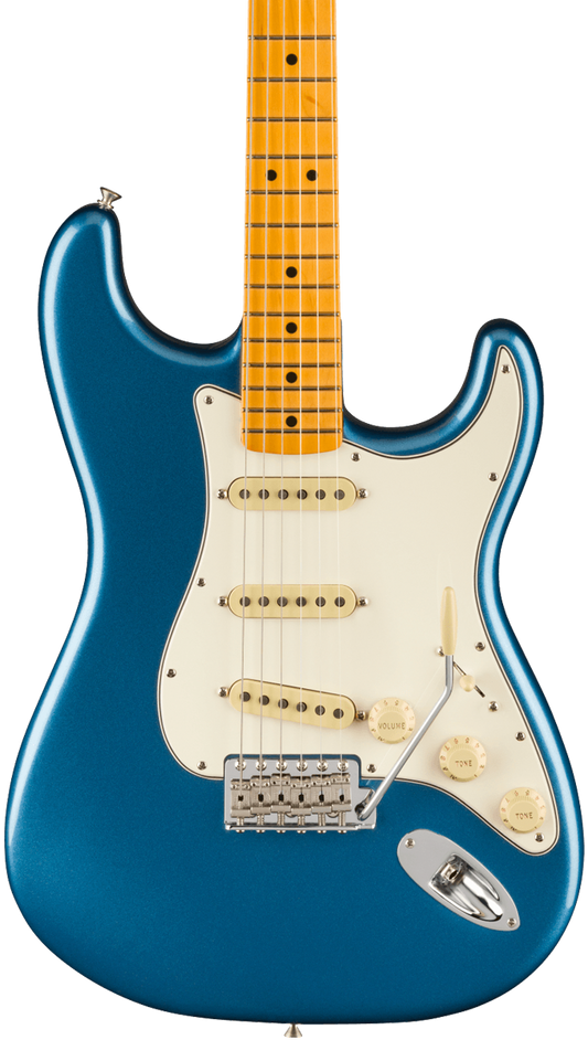 Front of Fender American Vintage II 1973 Stratocaster MP Lake Placid Blue.