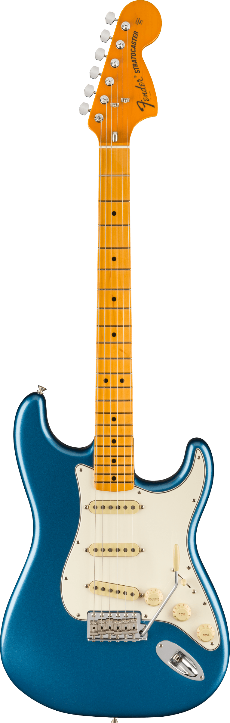 Full frontal of Fender American Vintage II 1973 Stratocaster MP Lake Placid Blue.