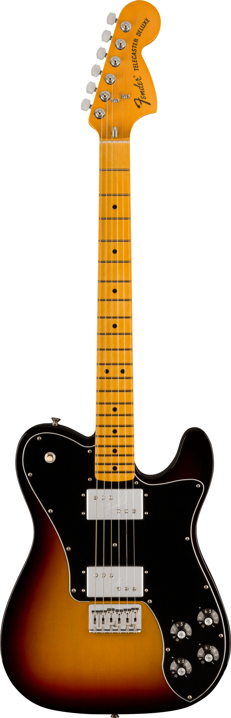 Full frontal of Fender American Vintage II 1975 Telecaster Deluxe MP 3-Color Sunburst.