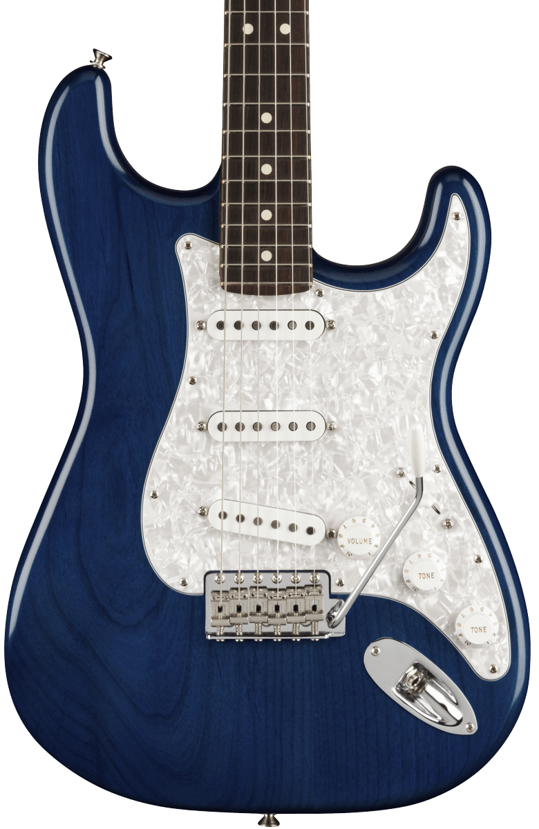 Front of Fender Cory Wong Stratocaster RW Sapphire Blue Transparent.