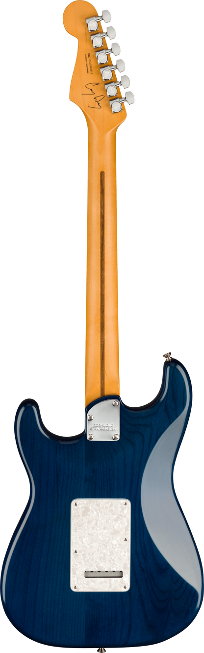 Back of Fender Cory Wong Stratocaster RW Sapphire Blue Transparent.