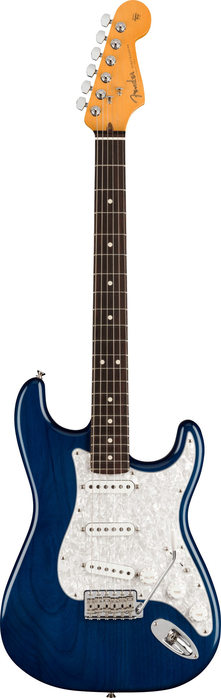 Full frontal of Fender Cory Wong Stratocaster RW Sapphire Blue Transparent.