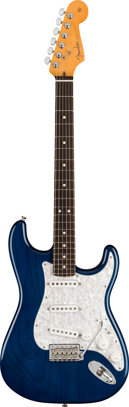Full frontal of Fender Cory Wong Stratocaster RW Sapphire Blue Transparent.