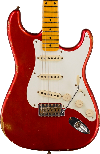Front of Fender Custom Shop 58 Strat Relic Faded Aged Candy Apple Red.