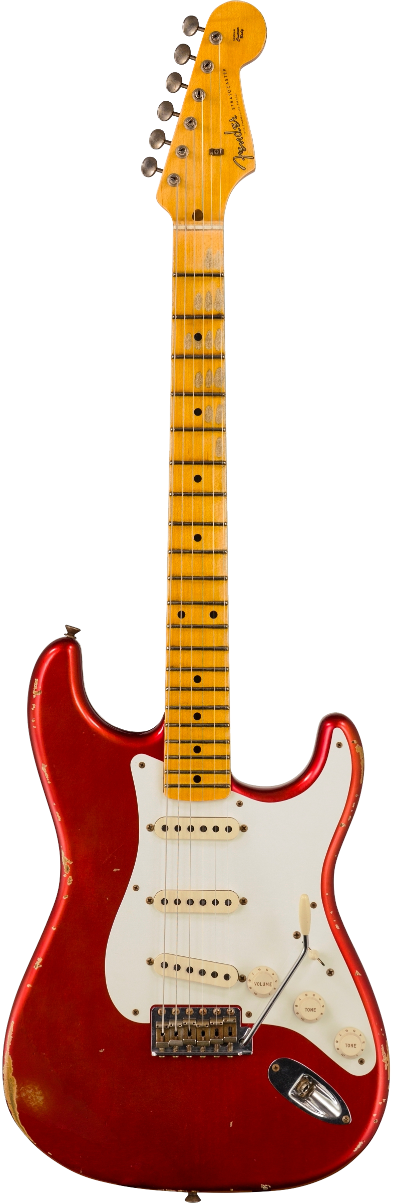 Full frontal of Fender Custom Shop 58 Strat Relic Faded Aged Candy Apple Red.