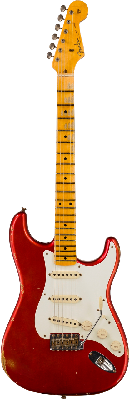 Full frontal of Fender Custom Shop 58 Strat Relic Faded Aged Candy Apple Red.