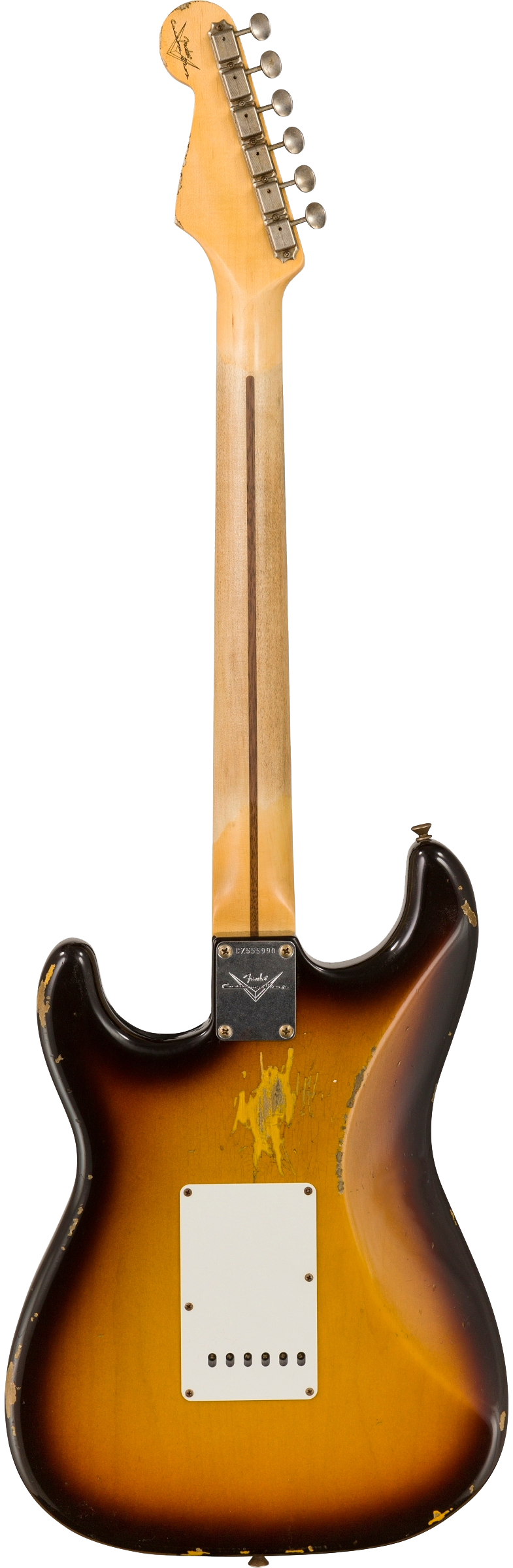 Back of Fender Custom Shop 58 Strat Relic Faded Aged Chocolate 3-color Sunburst.