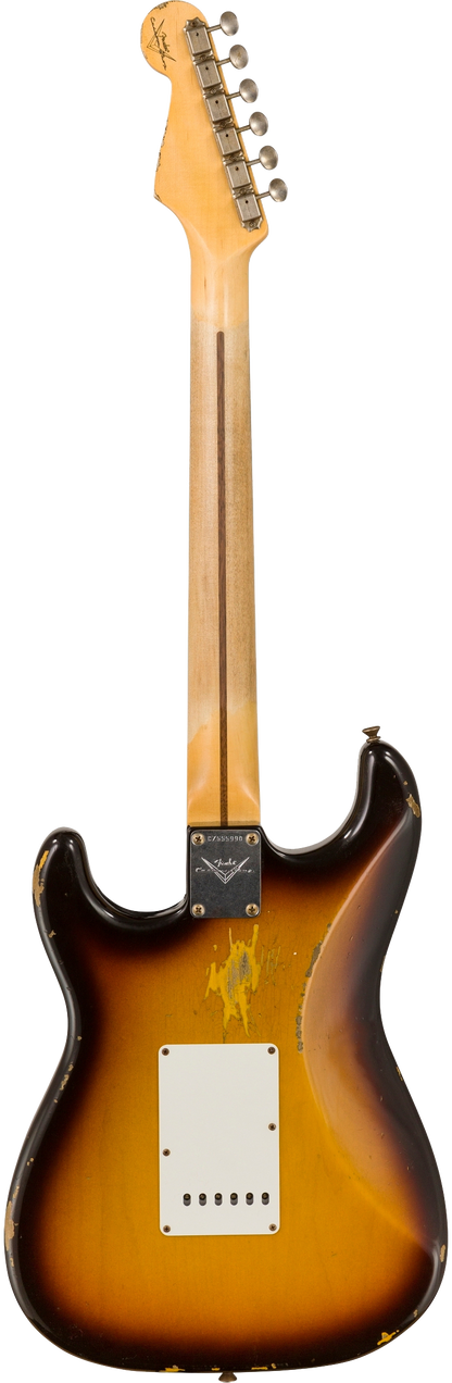 Back of Fender Custom Shop 58 Strat Relic Faded Aged Chocolate 3-color Sunburst.