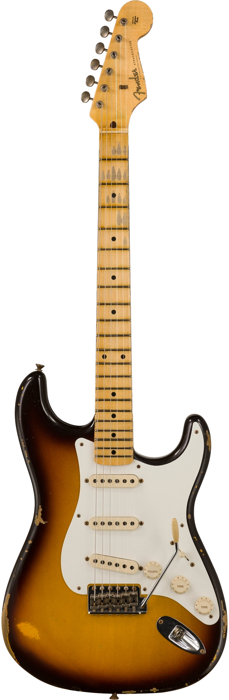 Full frontal of Fender Custom Shop 58 Strat Relic Faded Aged Chocolate 3-color Sunburst.