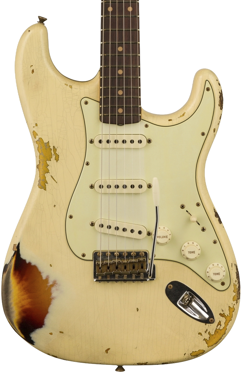 Stock front of Fender Custom Shop 1961 Stratocaster Heavy Relic Aged Vintage White/3-color Sunburst.