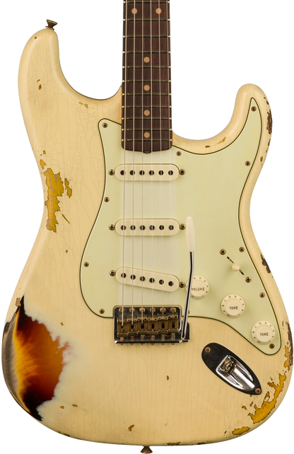 Stock front of Fender Custom Shop 1961 Stratocaster Heavy Relic Aged Vintage White/3-color Sunburst.