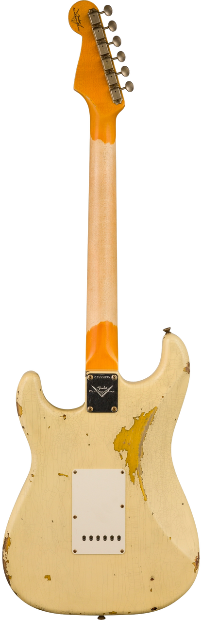 Stock back of Fender Custom Shop 1961 Stratocaster Heavy Relic Aged Vintage White/3-color Sunburst.