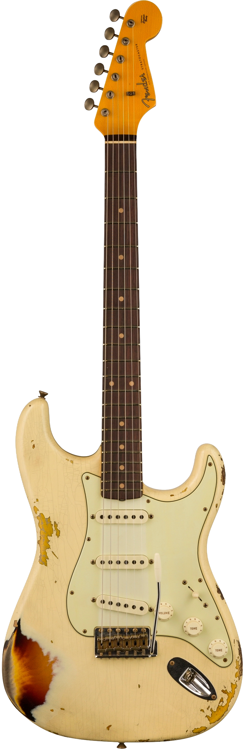Stock full frontal of Fender Custom Shop 1961 Stratocaster Heavy Relic Aged Vintage White/3-color Sunburst.