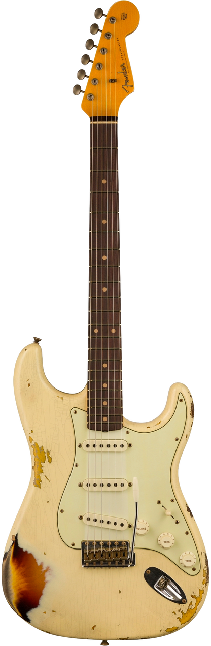 Stock full frontal of Fender Custom Shop 1961 Stratocaster Heavy Relic Aged Vintage White/3-color Sunburst.