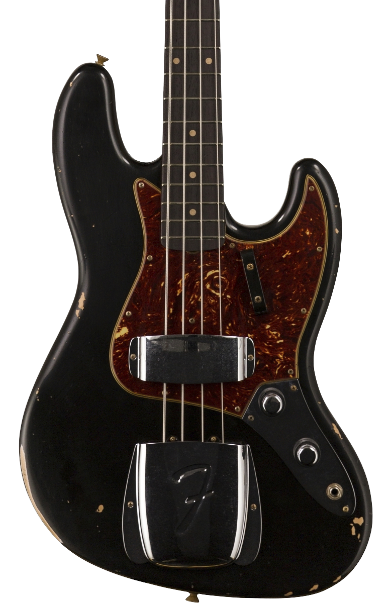 Front of Fender Custom Shop 1962 Jazz Bass Relic Aged Black.